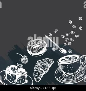 Cup of coffee, croissant, donut, cake on a black background. Vector illustration. Design element for menus of cafes, restaurants, themed banners. Stock Vector