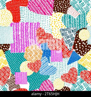 Seamless background of knitted pieces. Pieces of heart and star fabric. hand drawing. Not AI, Illustrat3 . Vector illustration Stock Vector