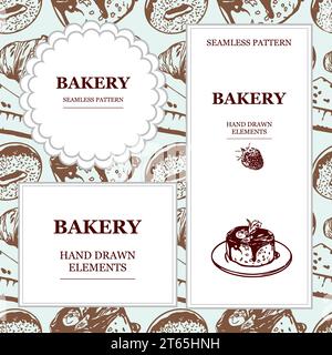Hand-drawn cakes, croissants, donuts. Vector illustration. Seamless pattern with design elements for bakery and cafe. Design of menus, wrapping paper. Stock Vector