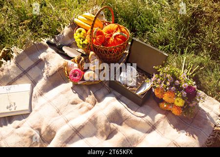 Picnic in nature. A basket with pumpkins, grapes, bananas, and apples lies on a plaid in a cell, next to it is a basket with sweets, such as croissant Stock Photo