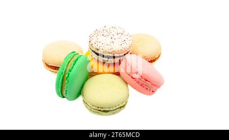 Sweet colorful macarons isolated on white background. Stock Photo