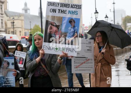 London, UK. 08th Nov, 2023. Supporters from the End Our Pain Campaign march in Westminster during the demonstration demanding on behalf of patients fighting to get a licence to use medical cannabis. Credit: SOPA Images Limited/Alamy Live News Stock Photo