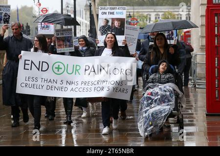 London, UK. 08th Nov, 2023. Supporters from the End Our Pain Campaign march in Westminster during the demonstration demanding on behalf of patients fighting to get a licence to use medical cannabis. Credit: SOPA Images Limited/Alamy Live News Stock Photo