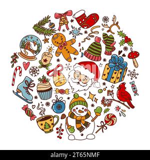 Set of merry Christmas doodle elements in the shape of a circle. Hand-drawn vector illustration Stock Vector