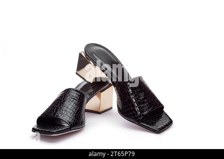 Fashionable black reptile patent leather mules with metallic gold block square heels isolated on the white background. Stylish summer women's shoes Stock Photo