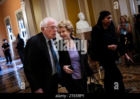 United States Senator Bernie Sanders Independent of Vermont, left, and United States Senator Debbie Stabenow Democrat of Michigan walk to the Senate chamber during a vote at the US Capitol in Washington, DC, Tuesday, November 7, 2023. Copyright: xRodxLamkeyx/xCNPx/MediaPunchx Credit: Imago/Alamy Live News Stock Photo