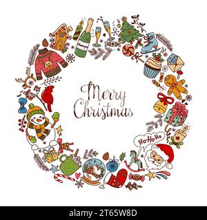 Christmas wreath made of fun color doodle illustrations on white background. Hand drawn vector illustration Stock Vector