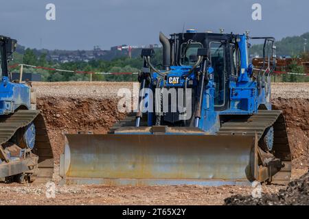 Nancy, France - July 16th 2023 : Blue bulldozer CAT D6T LGP for the earthworks of a platform on construction site. Stock Photo