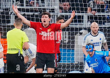 Parken November 8, 2023. Manchester United's Harry Maguire reacts in the UEFA Champions League Group A football match between FC Copenhagen and Manchester United in Parken November 8, 2023. Stock Photo