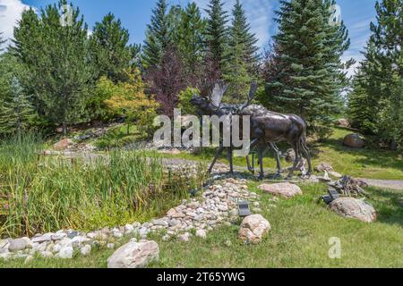 Statue of two moose outside of the Sierra Trading Post retail sporting goods store in Cheyenne, Wyoming Stock Photo