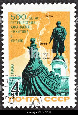 Cancelled postage stamp printed by USSR, that celebrates 500th Anniversary of Afanasy Nikitin's Voyage to India, circa 1966. Stock Photo