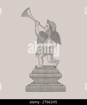 Little angel playing trumpet on the pillar, Vintage engraving drawing style illustration Stock Vector