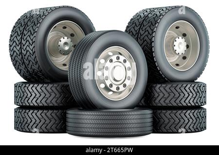 Rear and front wheels for truck or bus, 3D rendering isolated on white background Stock Photo