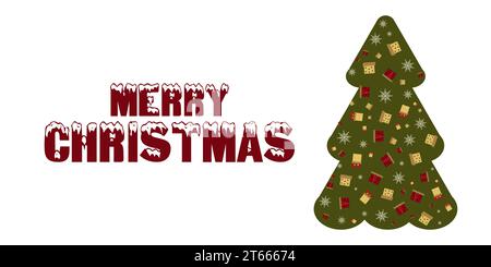 Decorated Christmas tree on a white background. Christmas tree decorated with snowflakes and gift boxes. Design postcard flyer, coupon. Conception holiday. Vector illustration. Stock Vector