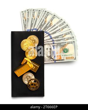 Bitcoins, gold bars, banknotes of 100 dollars on a white background top view, the concept of finance, business, wealth, success, cryptocurrency. Stock Photo