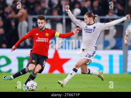 Parken November 8, 2023. FC Copenhagen's Rasmus Falk (33) and Manchester United's Bruno Fernandes vies for the ball during the UEFA Champions League Group A football match between FC Copenhagen and Manchester United in Parken November 8, 2023. Stock Photo