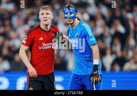 Parken November 8, 2023. FC Copenhagen's goalkeeper Kamil Grabara and Manchester United's Rasmus Hojlund during the UEFA Champions League Group A football match between FC Copenhagen and Manchester United in Parken November 8, 2023. Stock Photo