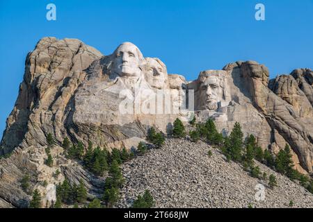 Carved granite busts of George Washington, Thomas Jefferson, Theodore Teddy Roosevelt and Abraham Lincoln at Mount Rushmore National Monument Stock Photo