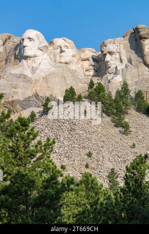 Carved granite busts of George Washington, Thomas Jefferson, Theodore Teddy Roosevelt and Abraham Lincoln at Mount Rushmore National Monument Stock Photo