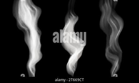 Set of vector realistic steam trail, hookah smokeю White and translucent wavy haze isolated on black background Stock Vector
