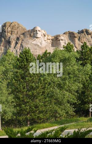 Carved granite busts of George Washington, Thomas Jefferson, Theodore Teddy Roosevelt and Abraham Lincoln at Mount Rushmore National Monument Stock Photo