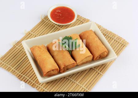Deep Fried Spring Rolls, Por Pieer Tod or Thai Spring Roll with Thai Sweet and Sour Sauce Stock Photo