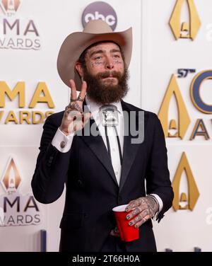 Nashville, United States. 08th Nov, 2023. Post Malone arrives on the red carpet with a red cup at the 57th Annual CMA Awards at Bridgestone Arena in Nashville, Tennessee, on Wednesday, November 8, 2023. Photo by John Angelillo/UPI Credit: UPI/Alamy Live News Stock Photo