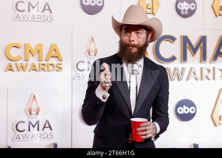 Nashville, United States. 08th Nov, 2023. Post Malone arrives on the red carpet at the 57th Annual CMA Awards at Bridgestone Arena in Nashville, Tennessee, on Wednesday, November 8, 2023. Photo by John Angelillo/UPI Credit: UPI/Alamy Live News Stock Photo