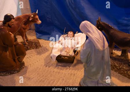 Christmas creche with Joseph Mary and small Jesus Stock Photo