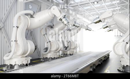 Robot arms in a production line over a conveyor belt in a modern factory. Automated manufacturing. 3d render, 3d illustration Stock Photo