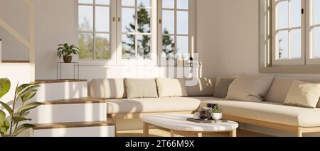 Interior design of a modern white living room with a comfortable corner couch, a coffee table, windows, stairs, and indoor plants. 3d render, 3d illus Stock Photo