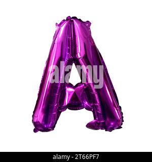 Purple foil balloon alphabet A isolated on white. Birthday greeting card. Anniversary concept. Stock Photo