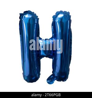 Blue foil balloon alphabet H isolated on white. Birthday greeting card. Anniversary concept. Stock Photo
