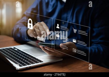 Digital Security and Digital security and encryption of customer data and the financial system of customer purchases in commerce. in Commerce Stock Photo