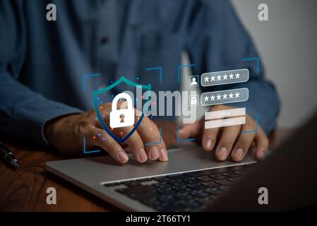 Digital Security and Encryption Virtual Screen Login Password. Online Protecting Data Network Cybersecurity Technology. Businessman using laptop compu Stock Photo