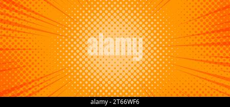 Orange radial dotted comic background. Speed lines wallpaper with pop art halftone texture. Anime cartoon rays explosion backdrop for poster, banner, print, brochure, cover, leaflet. Vector Stock Vector