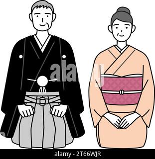 Kimono-clad senior couple greeting the New Year, Vector Illustration Stock Vector