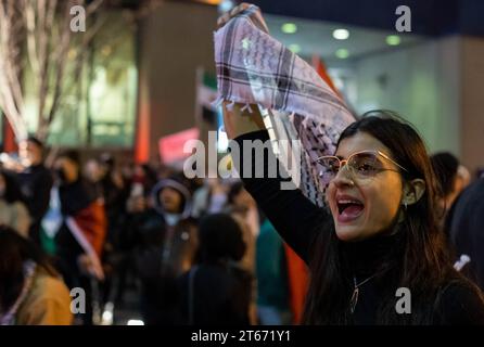 pro-Palestinian protesters seen in front of the Israeli embassy in Toronto, following the bombing of the Hospital in Gaza (October 17,2023) Stock Photo