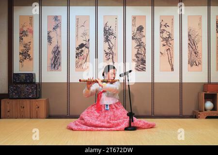A woman dressed in historic period clothing plays a traditional Korean bamboo flute in front of several Asian brush paintings on the wall behind. Stock Photo