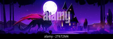 Dragon near medieval castle at night cartoon illustration. Magic fairy ...