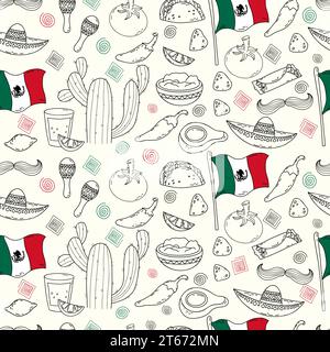 Mexican seamless pattern. Traditional elements culture, food and flag on white background in hand drawn doodle style. Vector illustration. Stock Vector
