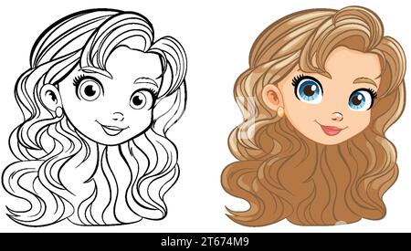 A doodle outline of a beautiful woman's face with long hair, perfect for coloring pages Stock Vector