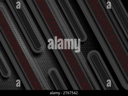 Black tech geometric background with red dots and dark stripes. Vector design Stock Vector
