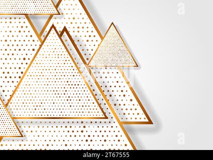 Golden triangles and shiny dots on grey background. Geometric shiny vector design Stock Vector