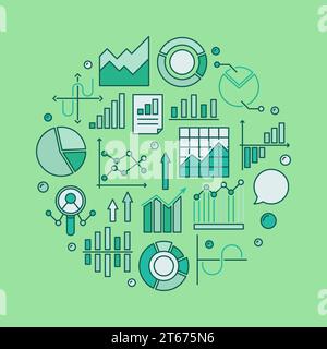 Colorful data analysis illustration. Vector statistics or analytics sign made with chart and diagram icons on green background Stock Vector