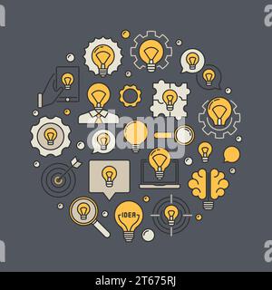 Creative idea colorful illustration - vector circular brainstorm or solution sign made with colorful light bulb icons on dark background Stock Vector