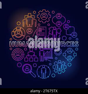 HR bright illustration. Vector colorful round recruitment sign made with phrase human resources and thin line icons on dark background Stock Vector