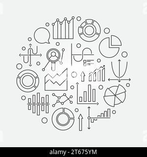 Outline statistics and data analysis illustration - vector circular sign with graphs and diagrams in thin line style Stock Vector