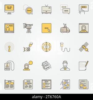 News colorful icons set. Vector creative news broadcasting signs. Newspapers, satellite, reporter, microphone and other media linear symbols Stock Vector