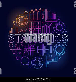 Round statistics illustration - vector colorful circular sign with word STATISTICS and diagram icons on dark background Stock Vector